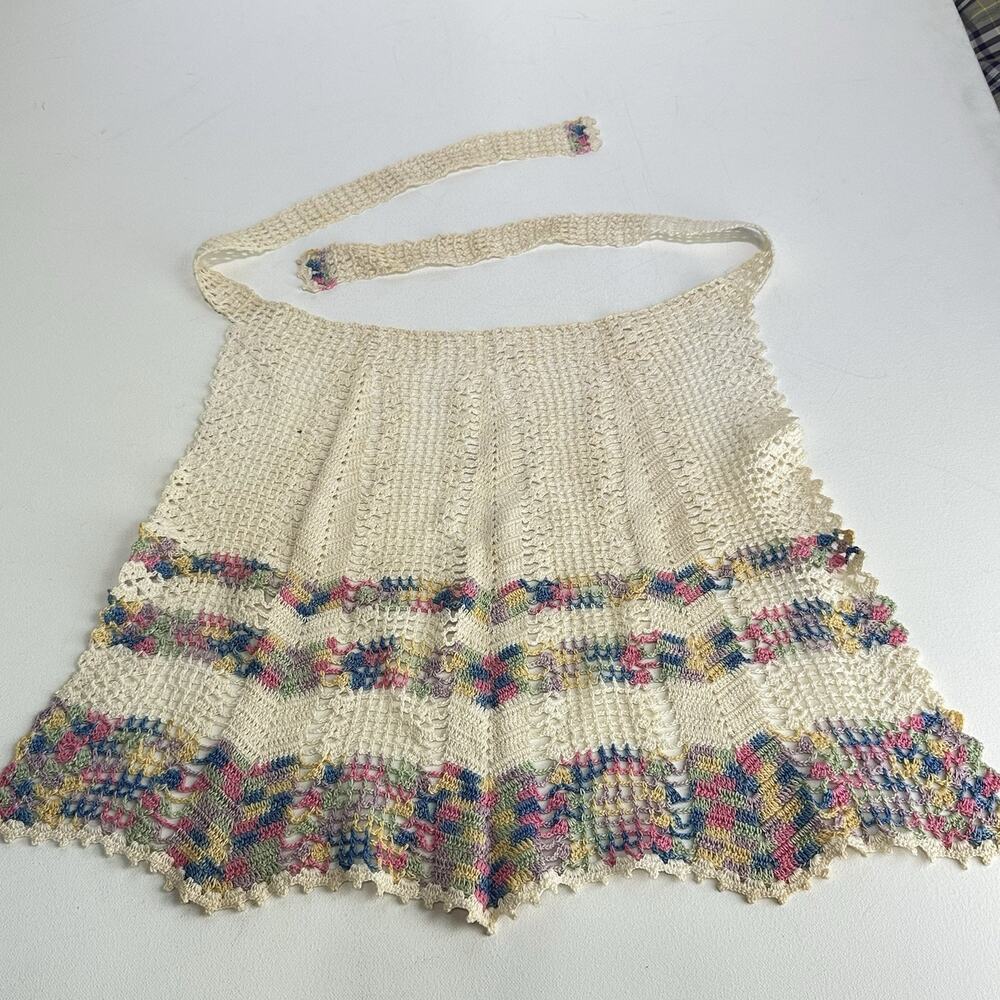 Vintage Hand Crochet Apron Colorful Border Cottagecore Kitchen Decor